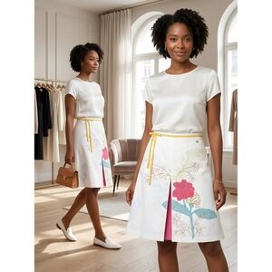 Ted Baker Jean White Cotton Floral Embroidered A-Line Skirt Size 2
